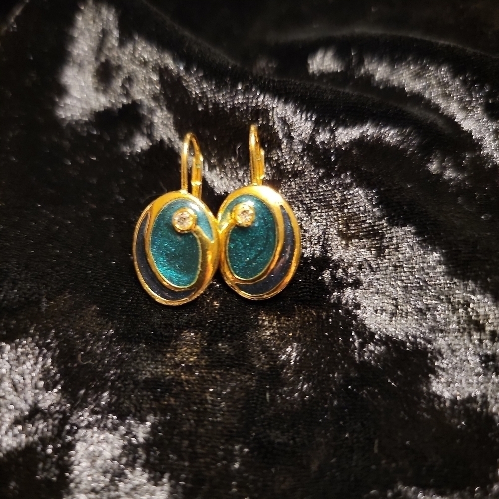 Kerissa Vintage Goldtone and Teal Enamel with Rhinestone Accent Pierced Earrings - Picture 7 of 7